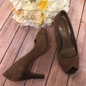 {Franco Sarto} Taupe Suede Leather Peep Toe Heels